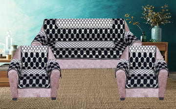 Nendle Latest Cotton Abstract Design 5 Seater Sofa Cover Set with Arms for Living Room (Black, 12 Pieces)